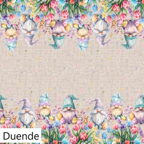 Tessuto gabardine stampa digitale Gnomi Pasqua Semi Duende Easter 100%cotone 50x160cm