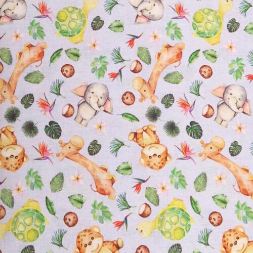 Tessuto stampa zoo tartaruga, elefante, giraffa 100%cotone 50x150cm.