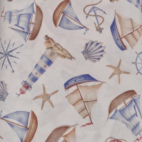 Tessuto stampa mare veliero faro 100%cotone 50x150cm.