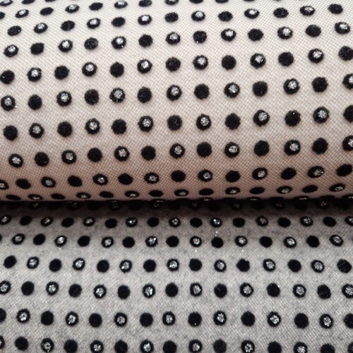 Tessuto feltro lana 2 mm col. grigio 953 tulle pois neri glitter argento 20x150cm.