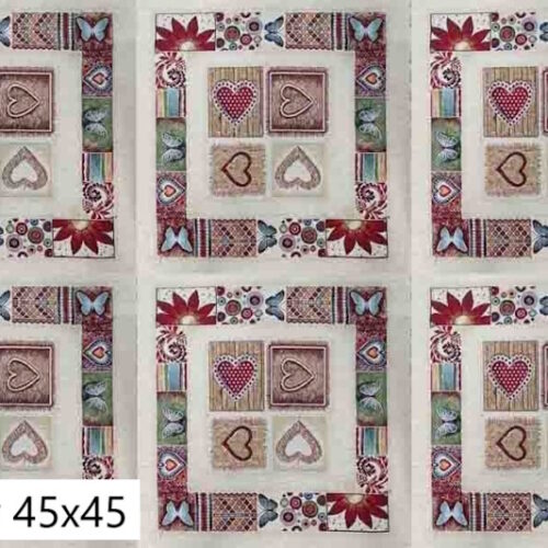 Pannello Shaby cuori in gobeline composto da  3 quadrati cm 45x45  60%poliestere 40%cotone