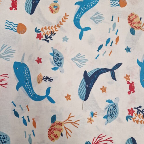 Tessuto stampa pesci mare 100%cotone 50x150cm.