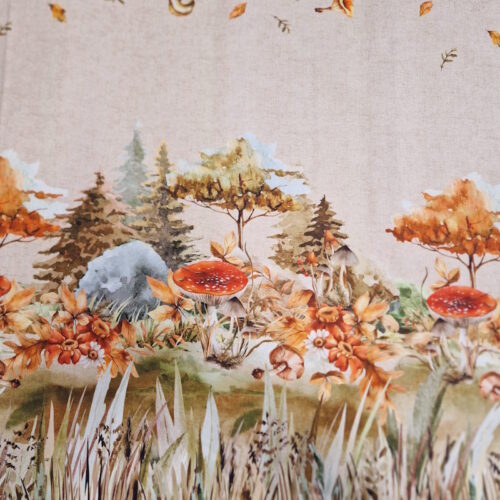 Tessuto funghi paesaggio autunnale 100% cotone italiano altezza 50x160cm.