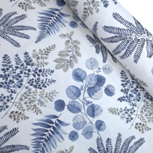 Tessuto no stiro foglie blu 100% poliestere 50xh160cm.