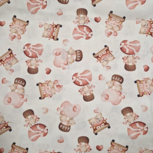 Tessuto stampa digitale 0rsetti mongolfiera cuore sfondo crema 100%cotone 50x140cm.