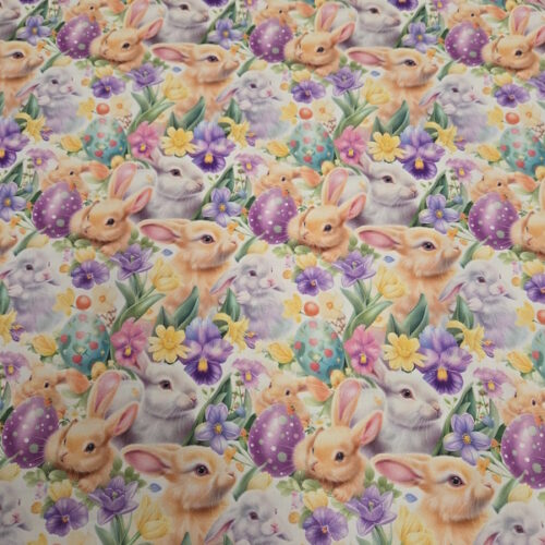 50x150cm. Tessuto italiano Coniglietti con ovetti e fiori colorati